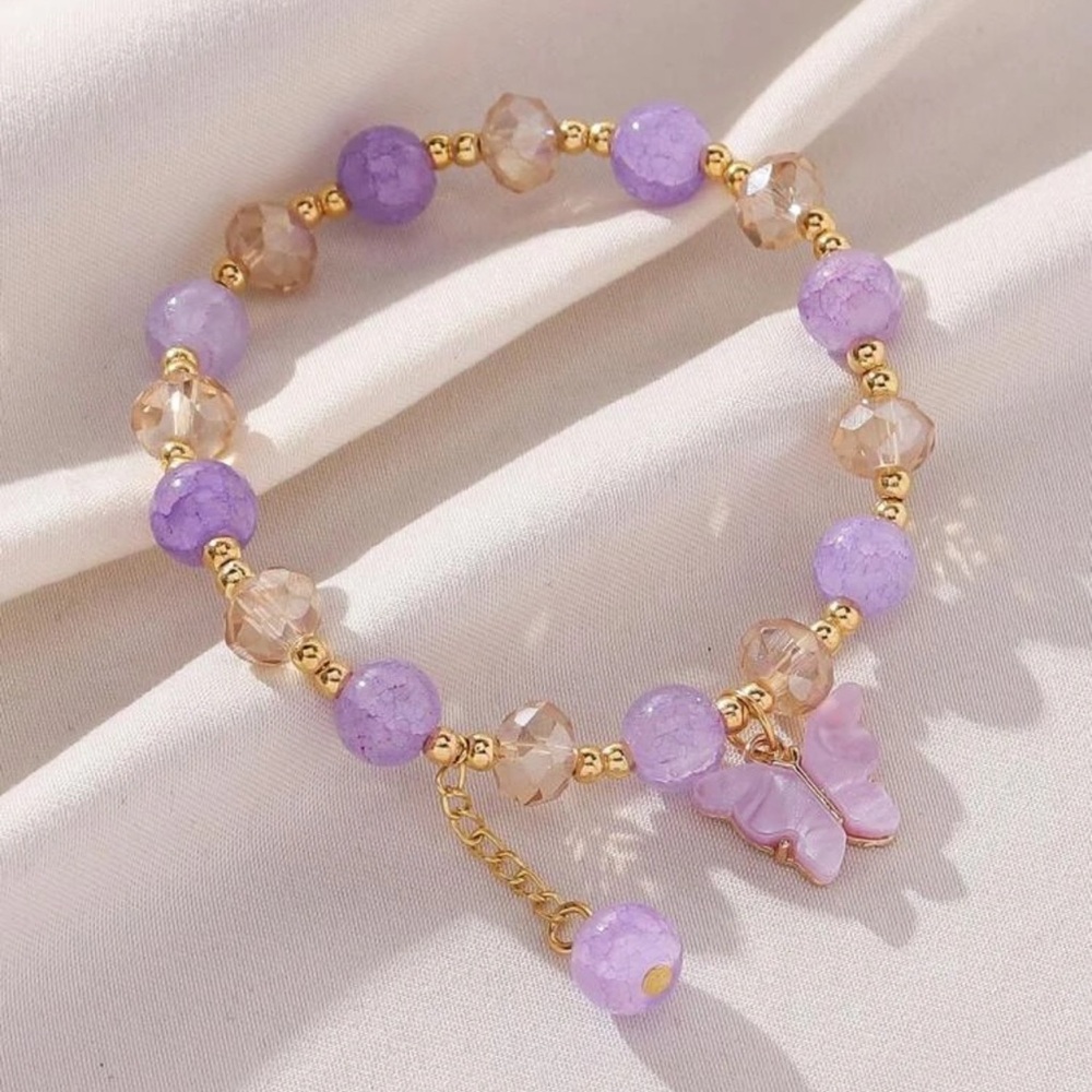 Whimsical Purple and Gold Beaded Bracelet with Butterfly Charm